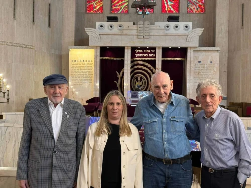 (Left to right): Walter Bingham, Revital Yakin Krakovsky, CEO of March of the Living Israel, George Shefi and Paul Alexander outside the Great Synagogue in Jerusalem, Nov. 9, 2025. Credit: March of the Living.