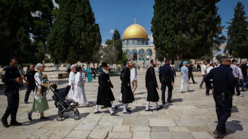 Israeli security forces escort a group of religious Jews as they visit the Temple Mount in Jerusalem's Old City on Yom Kippur, Sept. 19, 2018. Photo by Sliman Khader/Flash90.