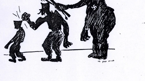 Jewish Palestine's most famous editorial cartoonist, Arie Navon of the newspaper Davar, drew this cartoon linking the Polish army situation to the Passover song "Had Gadya." The lyrics feature a cumulative series of larger animals chasing or eating smaller ones. In the cartoon, a Nazi beats a Polish officer, who then beats a Jewish soldier. Credit: Courtesy of The David S. Wyman Institute for Holocaust Studies.