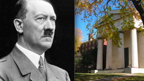Adolf Hitler and the campus of Brown University. Credit: Bundesarchiv, Bild and Wikimedia Commons.