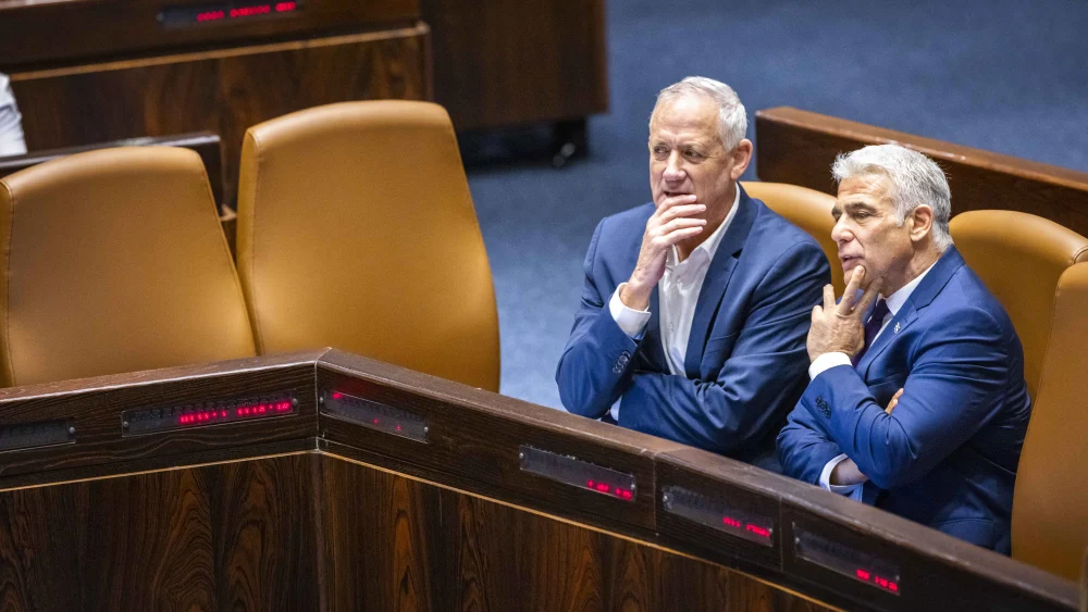 Then-Defense Minister Benny Gantz (left) and then-Prime Minister Yair Lapid in the Knesset. Photo by Olivier Fitoussi/Flash90.