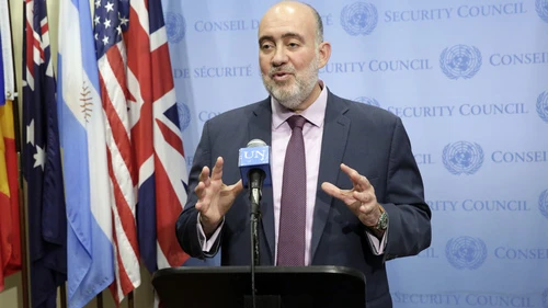 Click photo to download. Caption: Israeli Ambassador to the U.N. Ron Prosor, pictured here speaking to journalists on July 10 following a U.N. Security Council meeting on the Israel-Hamas war, says it is "about time Jewish employees at the U.N won’t be obligated to work on Yom Kippur." Credit: UN Photo/Evan Schneider.