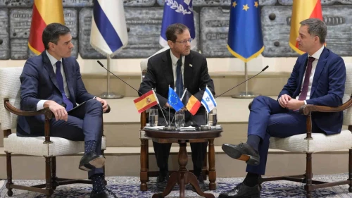 Prime Minister Pedro Sánchez of Spain (left), Israeli President Isaac Herzog (center) and Prime Minister Alexander De Croo of Belgium, Nov. 23, 2023. Photo by Amos Ben-Gershom/GPO.