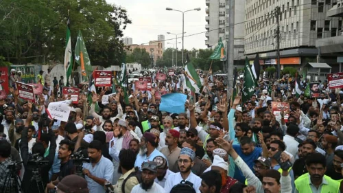 Tehreek-e-Labbaik Pakistan (TLP) party activists protest in Karachi to condemn Israel's attack on Hamas terrorists in Rafah, May 10, 2024. Photo by Asif Hassan/AFP via Getty Images.