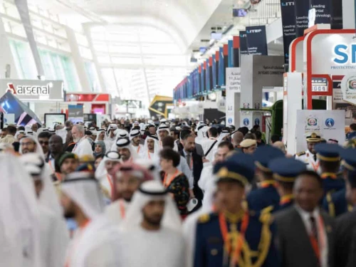 Guests visit the main floor of the IDEX defense show in Abu Dhabi, the United Arab Emirates, in February 2023. Photo courtesy of IDEX.