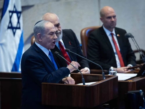Israeli Prime Minister Benjamin Netanyahu speaks during a special Knesset session in honor of Albanian Prime Minister Edi Rama, at the Israeli parliament in Jerusalem, Jan. 26, 2026. Photo by Yonatan Sindel/Flash90.