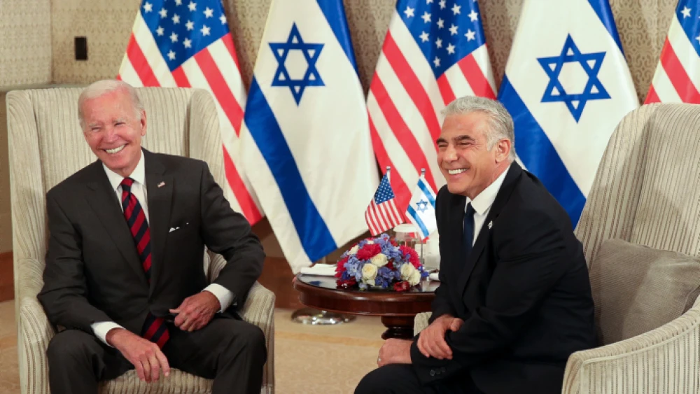 U.S. President Joe Biden meets with Israeli Prime Minister Yair Lapid in Jerusalem, on July 14, 2022. Photo by Emil Salman/POOL.