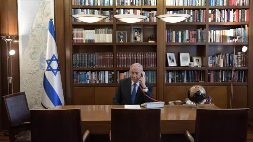 Israeli Prime Minister Benjamin Netanyahu on the phone with U.S. President Donald Trump and UAE Sheikh Mohammed bin Zayed Al Nahyan on Aug. 13, 2020. Credit: Kobi Gideon/GPO.
