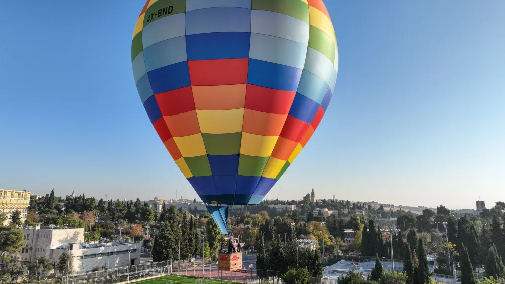 Jerusalem Santa Issa Kassissieh extends 2022 Christmas greetings to Christians worldwide from a hot air balloon flying over the Old City. Credit: Shmuel Cohen.