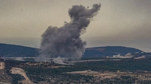 Smoke and flares during an exchange of fire between the Israel Defense Forces and Hezbollah terrorists on the border between Israel and Lebanon, Nov. 12, 2023. Photo by Ayal Margolin/Flash90.