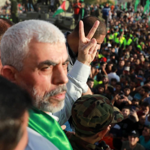 Hamas leader Yahya Sinwar at a rally in Beit Lahiya, the Gaza Strip, on May 30, 2021. Photo by Atia Mohammed/Flash90.