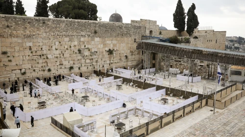 Preparations for the easing of coronavirus restrictions at the Western Wall in Jerusalem's Old City on May 5, 2020. Photo by Olivier Fitoussi/Flash90.