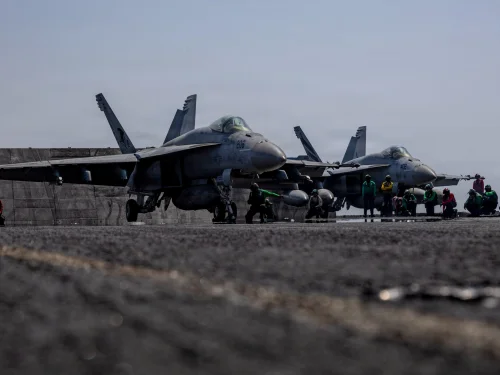 F/A-18 Super Hornet fighter jets on the aircraft carrier USS Abraham Lincoln in the Persian Gulf on March 12, 2026. Credit: Courtesy of CENTCOM.