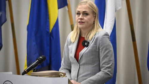 Finland’s Foreign Minister Elina Valtonen speaks during a press conference with Sweden’s foreign minister at the Swedish-Finnish Cultural Center in Espoo, Finland, on Feb. 10, 2026. Photo by Antti Aimo-Koivisto/Lehtikuva/AFP via Getty Images.