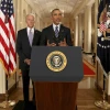 President Barack Obama, standing with Vice President Joe Biden, conducts a press conference in the East Room of the White House on the Iran nuclear deal on July 14, 2015. Photo by Andrew Harnik/POOL via Getty Images.