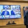 Israeli Prime Minister Benjamin Netanyahu holds a video conference with European leaders to discuss international cooperation in dealing with the coronavirus, at the Foreign Ministry in Jerusalem, on March 9, 2020. Photo by Yonatan Sindel/Flash90.