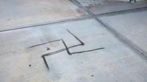 A spray-painted swastika was discovered on the concrete next to a baseball field at Dos Vientos Community Park in Conejo Valley, Calif., in 2019. Photo courtesy of the Anti-Defamation League Santa Barbara/Tri-Counties.
