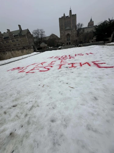 Anti-Israel graffiti found on the snow at Yale University, in New Haven, Conn., on Feb. 18, 2026. Credit: Courtesy of Elijah Wiesel.