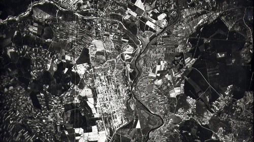 An aerial surveillance photo that U.S. pilots took over Auschwitz in 1944. Courtesy of the David S. Wyman Institute for Holocaust Studies.