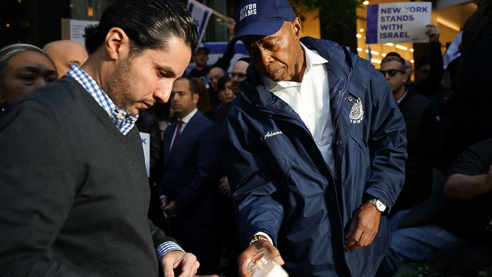 The day before the rally, New York City Mayor Eric Adams held a vigil for victims of the Hamas terrorist attacks in Israel at Golda Meir Square, Broadway and West 39th Street in New York City on Oct. 9, 2023. Credit: Benny Polatseck, Mayoral Photography Office.