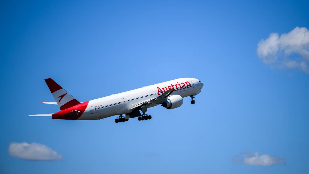 An airplane of Austrian Airlines carrying onboard members of Austria's national football team takes off from the Schwechat airport near Vienna, Austria, on June 4, 2026, ahead of the FIFA 2026 World Cup. Photo by Max Slovencik / APA / AFP via Getty Images.
