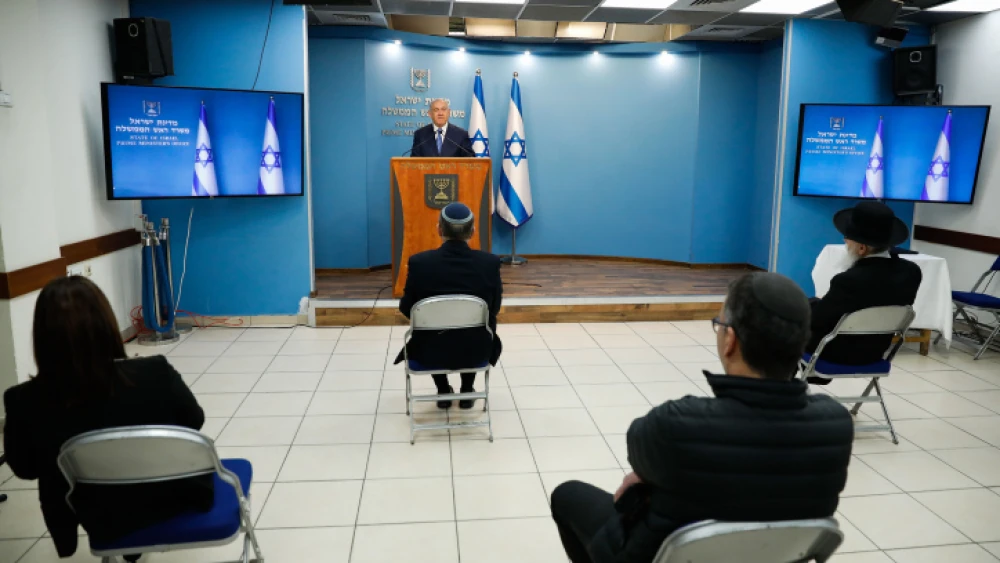 Israeli Prime Minister Benjamin Netanyahu gives a press conference about the coronavirus outbreak at the Prime Minister's Office in Jerusalem on March 25, 2020. Photo by Olivier Fitoussi/Flash90.