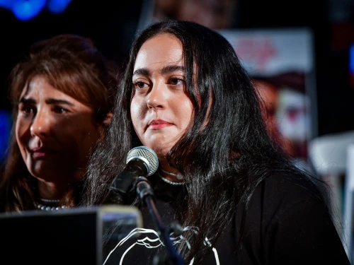 Former hostage Liri Albag speaks during a rally calling for the release of Israelis held hostage by Hamas terrorists in Gaza, at "Hostage Square" in Tel Aviv, April 5, 2025. Photo by Avshalom Sassoni/Flash90.
