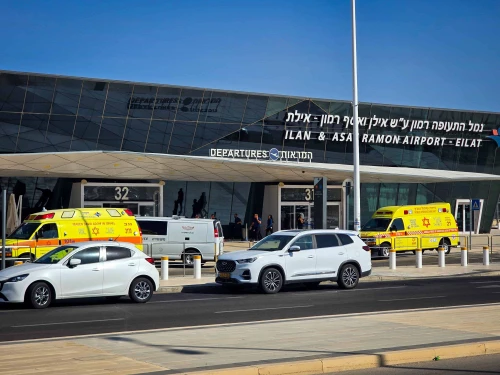 Rescue forces are seen outside Ramon Airport after a drone launched from Yemen struck the airport on Sept. 7, 2025. Photo by Yehuda Ben Itach/Flash90.