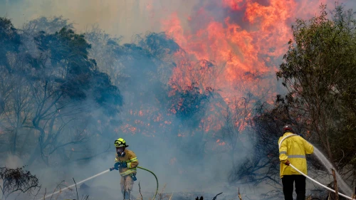 Firefighters try to extinguish a fire which broke out near Moshav Mesilat Zion, April 30, 2025. Photo by Noam Revkin Fenton/Flash90.
