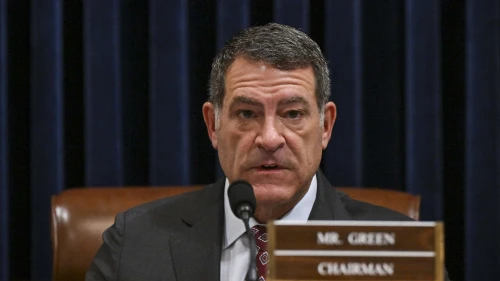 Rep. Mark Green (R-Tenn.) makes his opening statement to Alejandro Mayorkas, secretary of the U.S. Department of Homeland Security, as he prepares to testify during a House Committee on Homeland Security hearing: “A Review of the Fiscal Year 2025 Budget Request for the Department of Homeland Security,” at the Canon House Office Building in Washington, D.C., on April 16, 2024. Photo by Ricky Carioti/“The Washington Post” via Getty Images.
