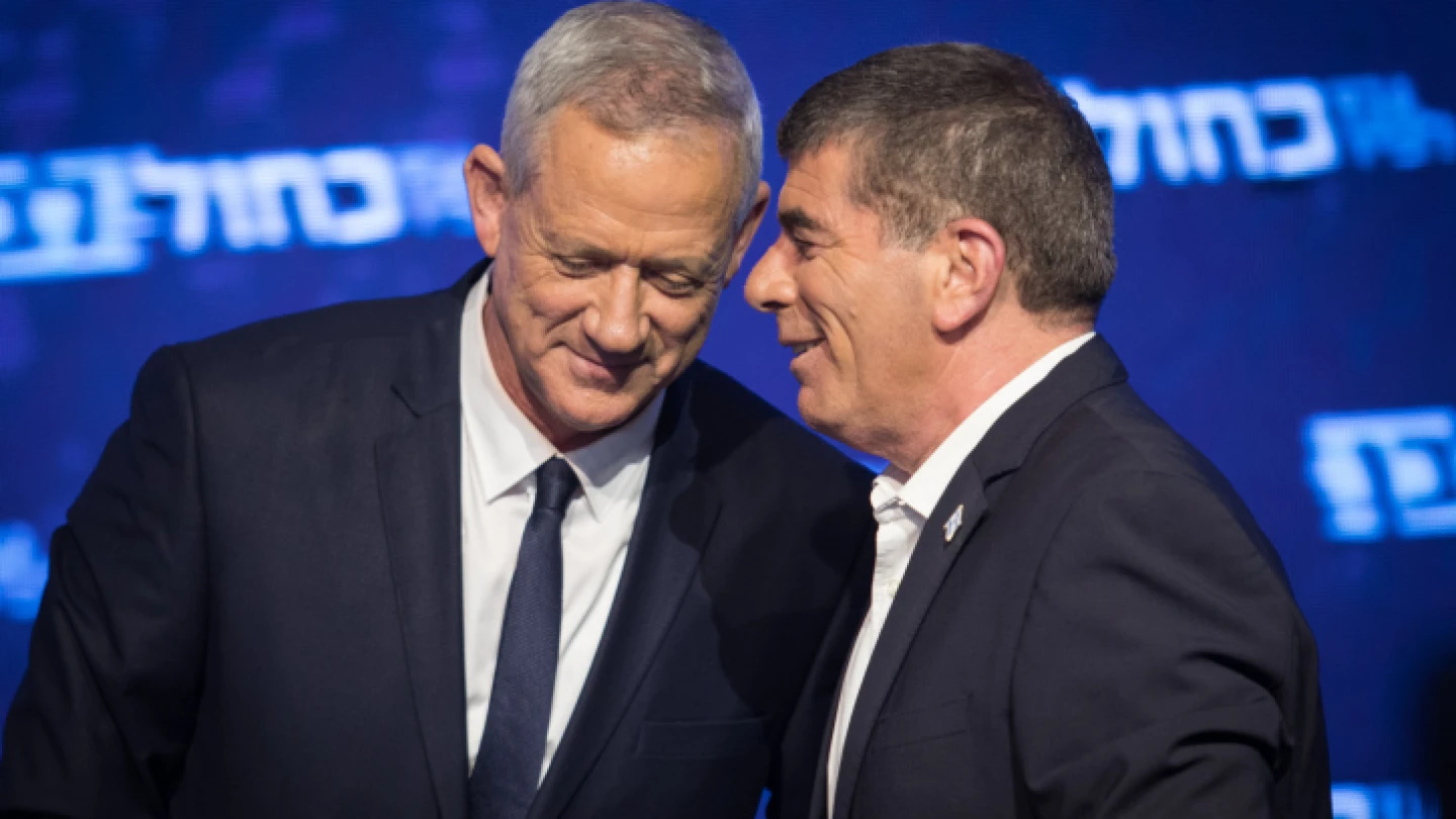 Blue and White Party leaders Benny Gantz and Gabi Ashkenazi at party headquarters in Tel Aviv on April 9, 2019. Photo by Hadas Parush/Flash90.