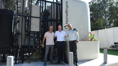 At the IDF's Glilot Base near Herzliya are, from left, Oshik Efrati, CEO of HomeBiogas; Erez Zidon, director of the Defense Ministry’s Logistics and Assets Department; and Brig. Gen. Pini Ben Moyal, head of the IDF Logistics Division, Aug. 7 2023. Credit: Ministry of Defense Spokesperson’s Office.