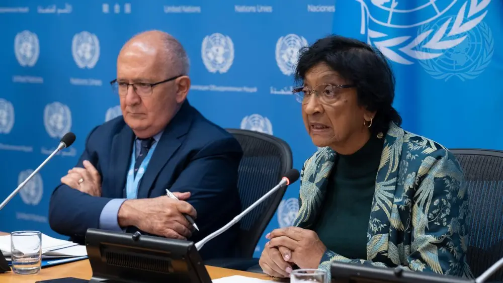 Chris Sidoti (left) and Navanethem Pillay brief reporters as members of the United Nations Commission of Inquiry on Israel and the Palestinians, at the U.N. headquarters in New York City, Oct. 25, 2023. Credit: Evan Schneider/UN Photo.