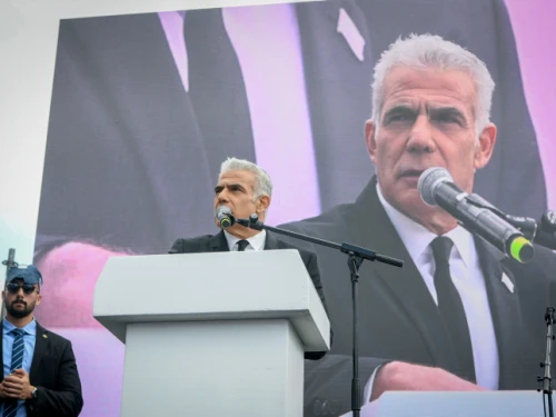 Opposition leader Yair Lapid speaks at a protest outside the Knesset in Jerusalem against the judicial reform program, Feb. 13, 2023. Photo by Arie Leib Abrams/Flash90.