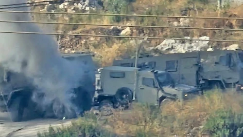 An IDF armored vehicle convoy hit by a roadside bomb in Jenin, June 19, 2023. Source: Twitter