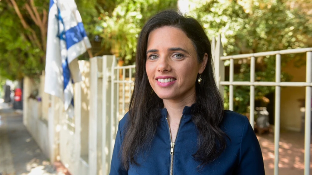 Ayelet Shaked, former Minister of Justice and currently head of the Union of Right Wing Parties, speaks during a press conference outside her home in Tel Aviv on July 25, 2019. Photo by Avshalom Shoshoni/Flash90.