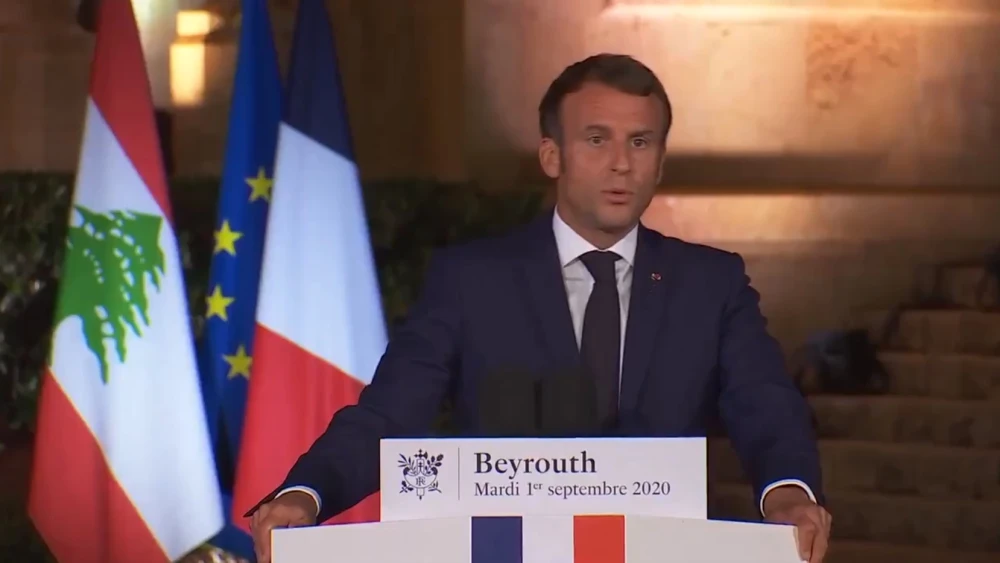 French President Emmanuel Macron holding a press conference while visiting Beirut in September 2021. Source: Screenshot.