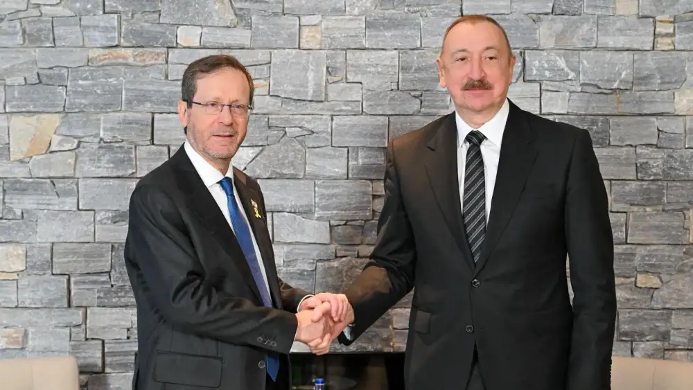 Israeli President Isaac Herzog during a meeting with Azerbaijani President Ilham Aliyev on the sidelines of the World Economic Forum Annual Meeting in Davos, Switzerland, Jan. 21, 2026. Photo by Kobi Gideon/GPO.