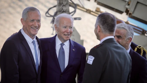 U.S. President Joe Biden and Israeli Defense Minister Benny Gantz review Israeli air-defense systems on display at Ben-Gurion International Airport on July 13, 2022. Photo by Marc Israel Sellem/POOL.