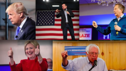 The remaining U.S. presidential candidates, including (top row, from left) Republicans Donald Trump, Texas Sen. Ted Cruz and Ohio Gov. John Kasich, and Democrats (bottom row, from left) Hillary Clinton and Vermont Sen. Bernie Sanders. Credit: Gage Skidmore and Michael Vadon via Wikimedia Commons.