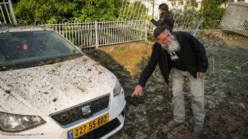 Israelis evaluate damage after the Iranian missile attack in Katzrin, the Golan Heights, April 14, 2024. Photo by Michael Giladi/Flash90.
