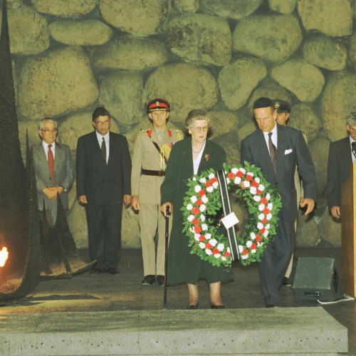 Prince Philip and his sister, Princess Sophie, lay a wreath at Yad Vashem in Jerusalem on Oct. 31, 1994. Credit: Beni Birk/The National Library of Israel.