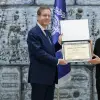 Israeli President Isaac Herzog receives an honorary doctorate from Shuly Rubin Schwartz, chancellor emerita of the Jewish Theological Seminary, at the President's Residence in Jerusalem, Aug. 12, 2026. Photo by Ma'ayan Toaf.