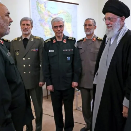 Iranian Supreme Leader Ayatollah Ali Khamenei (far right) promotes Hossein Salami (far left) to commander-in-chief of the Islamic Revolutionary Guard Corps on April 21, 2019, in the presence of Iran’s military and IRGC leadership. Source: Iran Press.