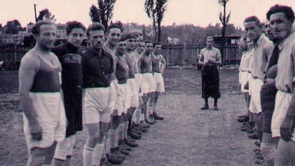Jill Klein's father, Gene, is pictured here second from left with his soccer teammates in a displaced person’s camp in Austria, wearing a sweater as his goalkeeper’s jersey. Photo provided.