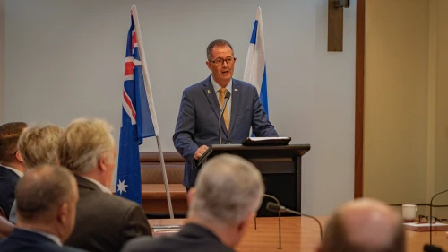 Australian MP Andrew Wallace addresses the Australia-Israel Allies Caucus at Parliament House in Canberra, Australia, Feb. 12, 2025. Credit: Courtesy.