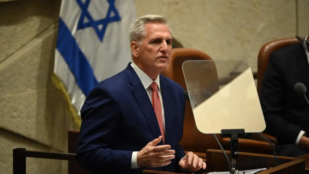 Rep. Kevin McCarthy, speaker of the U.S. House of Representatives, addresses the Knesset in Jerusalem, May 1, 2023. Credit: TPS.