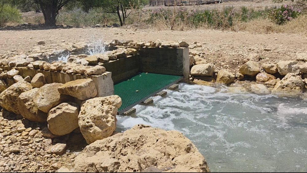 Desalinated water pours out of the discharge point in Nahal Tzalmon, Israel on June 12, 2026. Photo by Canaan Lidor.
