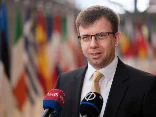 Hungarian Minister for European Union Affairs János Bóka speaks to reporters before an E.U. General Affairs Council meeting in Brussels on Feb. 25, 2025. Photo by Thierry Monasse/Getty Images.