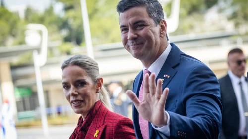 President Santiago Peña of Paraguay and his wife, Leticia Ocampos, arrive for a welcoming ceremony at the Knesset in Jerusalem on Dec. 11, 2024. Photo by Yonatan Sindel/Flash90.